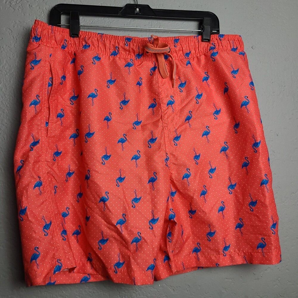 Surf Society Men's Tie Neon Orange Flamingo Lined Pockets Swimwear Short Sz XL